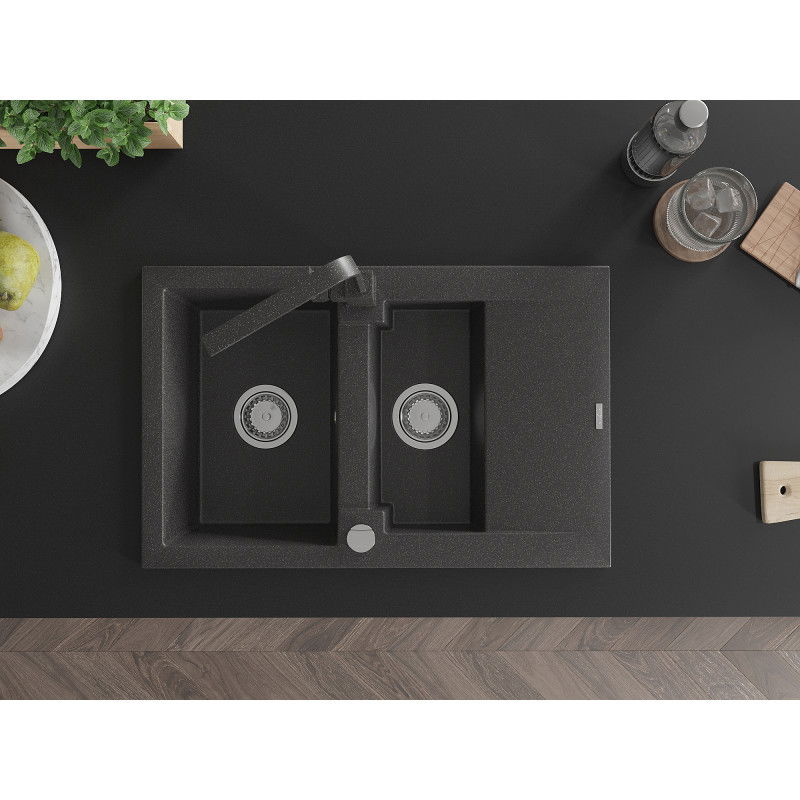 Mexen Gaspar gránit mosogató 1,5 rekeszes csepegtetővel és Rita konyhacsappal, fekete pöttyös - 6507-76-670300-76