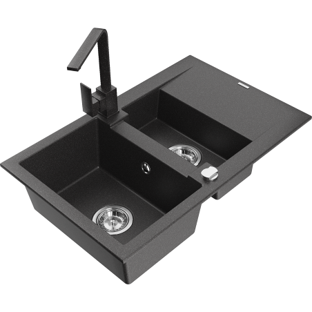 Mexen Gaspar gránit mosogató 1,5 rekeszes csepegtetővel és Rita konyhacsappal, fekete pöttyös - 6507-76-670300-76