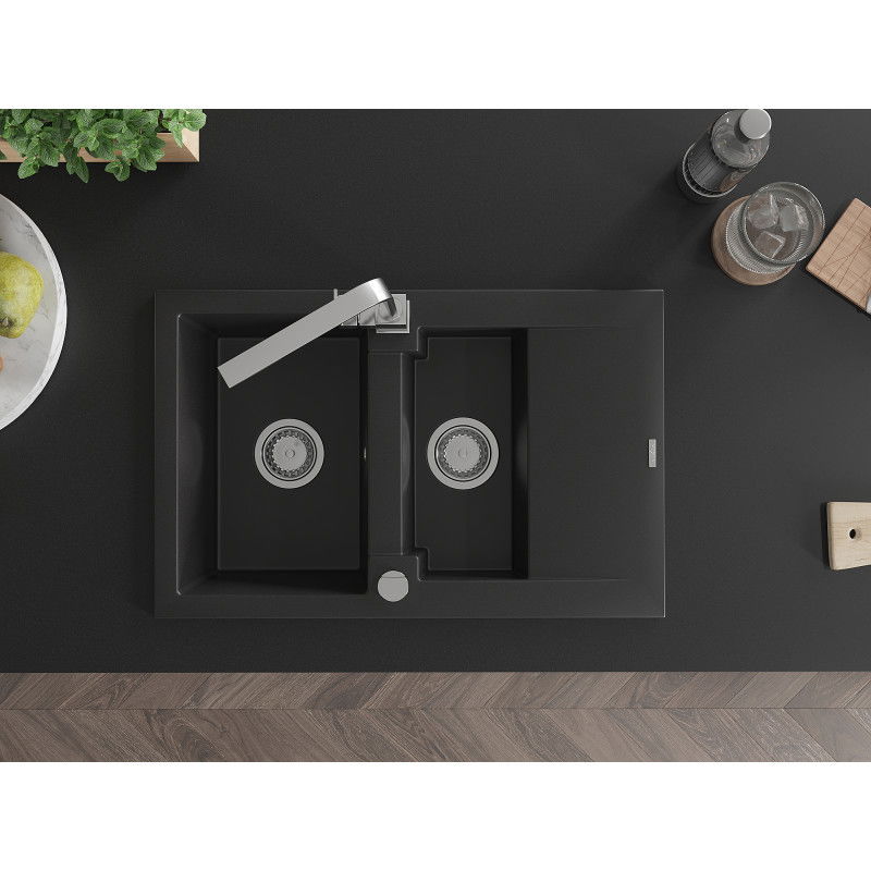 Mexen Gaspar chiuvetă de granit 1,5 compartimente cu scurgător și baterie de bucătărie Rita, negru - 6507-77-670300-00