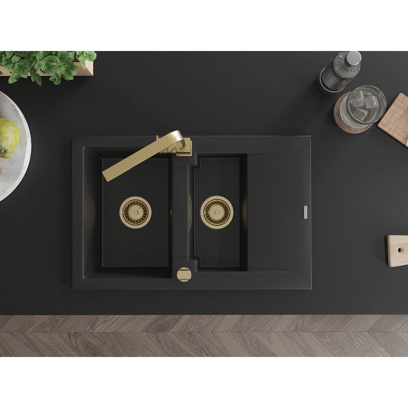 Mexen Gaspar chiuvetă din granit 1,5 camere cu scurgător și baterie de bucătărie Rita, negru - 6507-77-670300-50