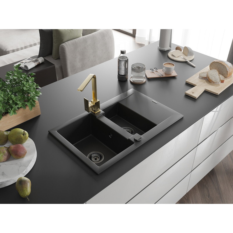 Mexen Gaspar chiuvetă de bucătărie din granit 1,5-camere cu scurgere și baterie Rita, negru - 6507-77-670300-50-B