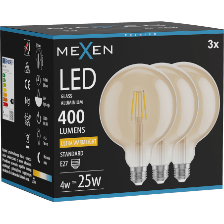 Mexen Vintis 3x Bec cu filament LED E27, G125, 4W, Cald - 2200K, 400 lm, chihlimbar - L158-E27-0422-50x03