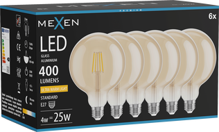 Mexen Vintis 6x LED filament izzó E27, G125, 4W, Meleg - 2200K, 400 lm, borostyán - L158-E27-0422-50x06