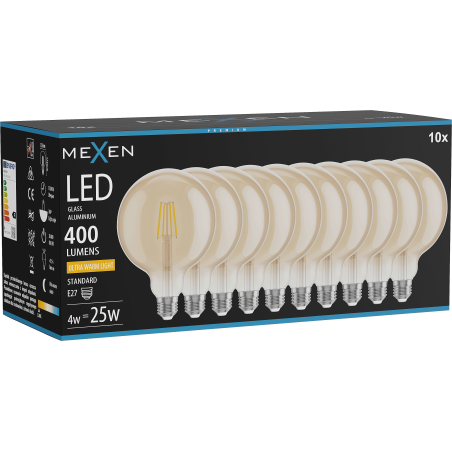 Mexen Vintis 10x Bec Filament LED E27, G125, 4W, Cald - 2200K, 400 lm, ambra - L158-E27-0422-50x10