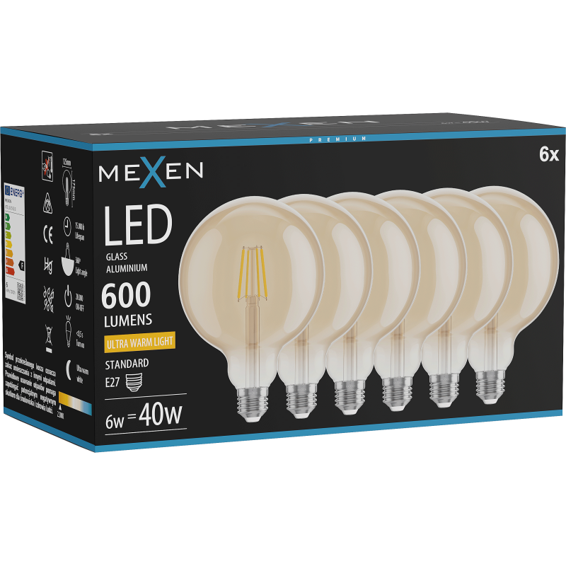 Mexen Vintis 6x LED filament izzó E27, G125, 6W, Meleg - 2200K, 600 lm, borostyán - L158-E27-0622-50x06