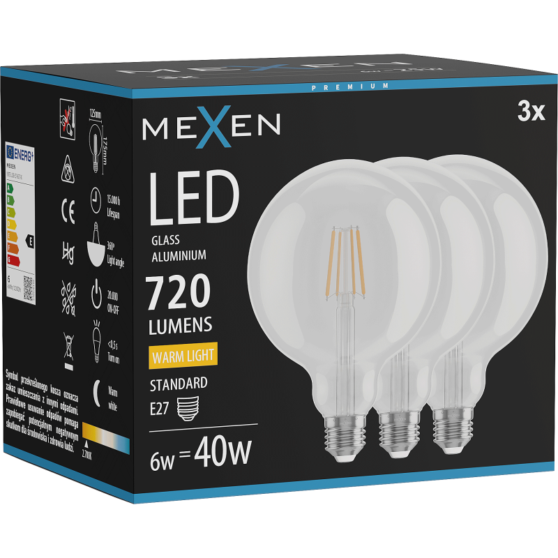 Mexen Vintis 3x LED filament izzó E27, G125, 6W, Meleg - 2700K, 720 lm, tiszta - L158-E27-0627-00x03