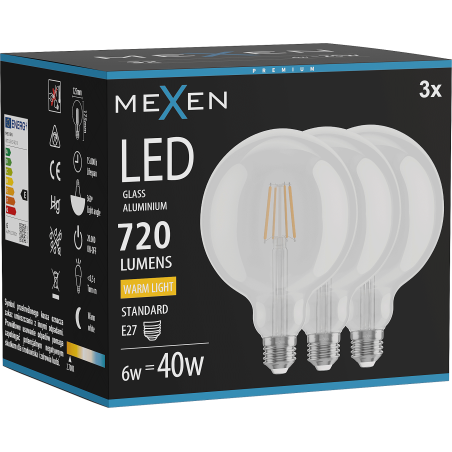 Mexen Vintis 3x Bec filament LED E27, G125, 6W, Caldă - 2700K, 720 lm, clar - L158-E27-0627-00x03
