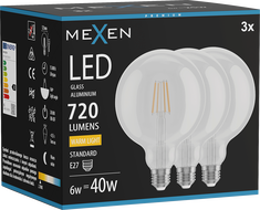 Mexen Vintis 3x LED filament izzó E27, G125, 6W, Meleg - 2700K, 720 lm, tiszta - L158-E27-0627-00x03