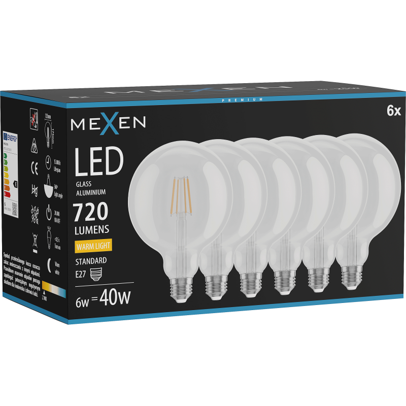 Mexen Vintis 6x Bec LED filament E27, G125, 6W, Cald - 2700K, 720 lm, transparent - L158-E27-0627-00x06
