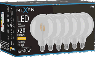 Mexen Vintis 6x Bec LED filament E27, G125, 6W, Cald - 2700K, 720 lm, transparent - L158-E27-0627-00x06