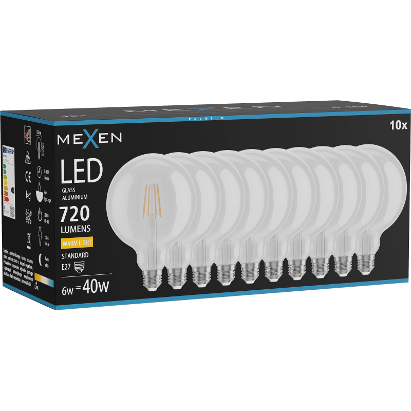 Mexen Vintis 10x LED filament izzó E27, G125, 6W, Meleg - 2700K, 720 lm, átlátszó - L158-E27-0627-00x10