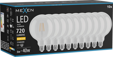 Mexen Vintis 10x LED filament izzó E27, G125, 6W, Meleg - 2700K, 720 lm, átlátszó - L158-E27-0627-00x10