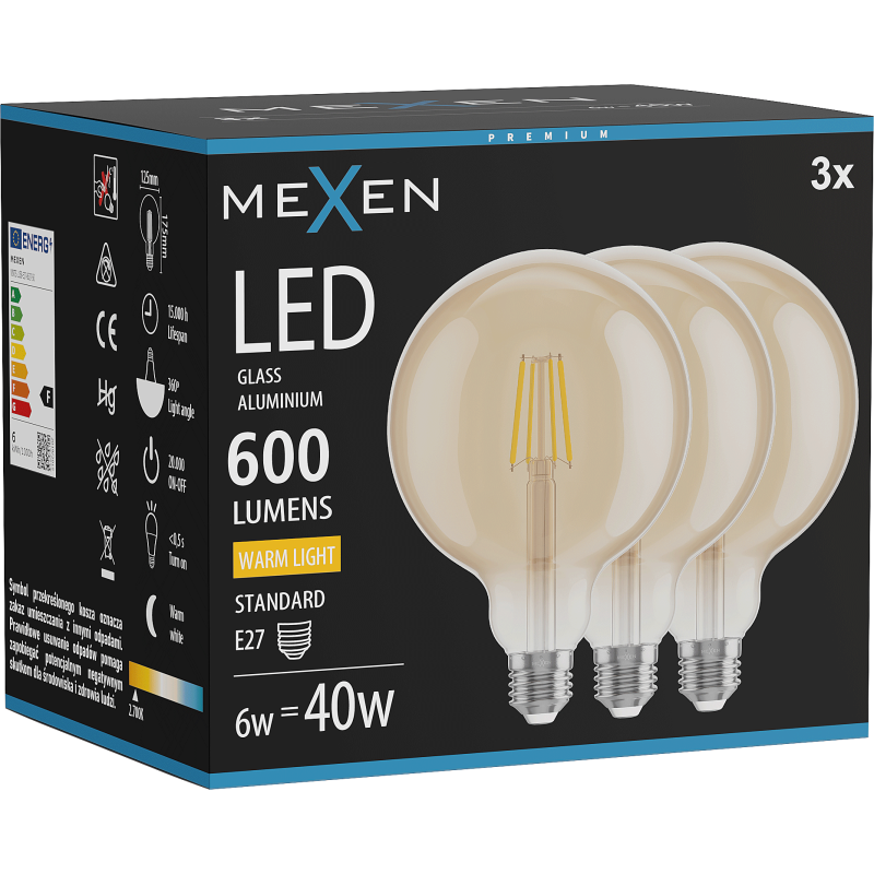 Mexen Vintis 3x LED filament izzó E27, G125, 6W, Meleg - 2700K, 600 lm, borostyán - L158-E27-0627-50x03