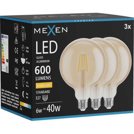 Mexen Vintis 3x Bec filament LED E27, G125, 6W, Caldă - 2700K, 600 lm, chihlimbar - L158-E27-0627-50x03