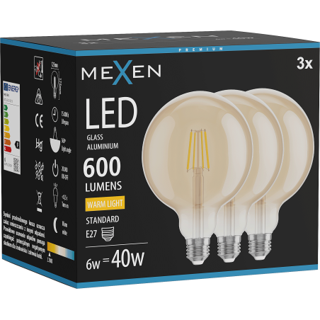 Mexen Vintis 3x LED filament izzó E27, G125, 6W, Meleg - 2700K, 600 lm, borostyán - L158-E27-0627-50x03