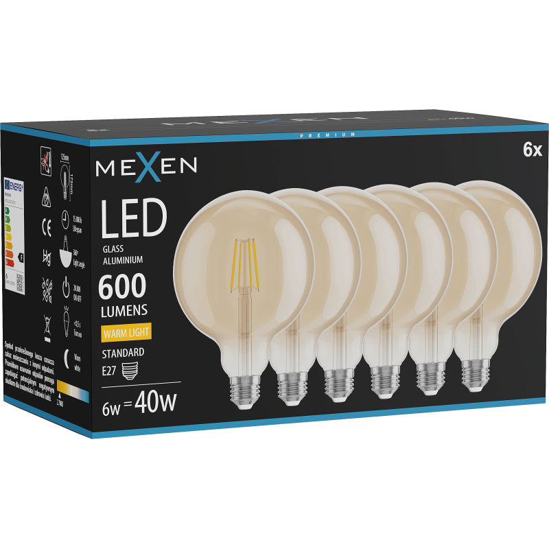 Mexen Vintis 6x Bec LED tip filament E27, G125, 6W, Calda - 2700K, 600 lm, chihlimbar - L158-E27-0627-50x06