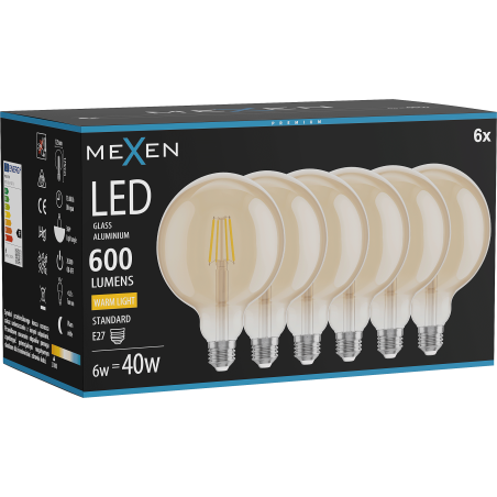 Mexen Vintis 6x LED filament izzó E27, G125, 6W, Meleg - 2700K, 600 lm, borostyán - L158-E27-0627-50x06