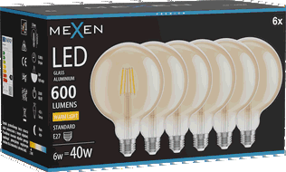 Mexen Vintis 6x Bec LED tip filament E27, G125, 6W, Calda - 2700K, 600 lm, chihlimbar - L158-E27-0627-50x06