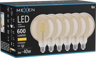 Mexen Vintis 6x LED filament izzó E27, G125, 6W, Meleg - 2700K, 600 lm, borostyán - L158-E27-0627-50x06