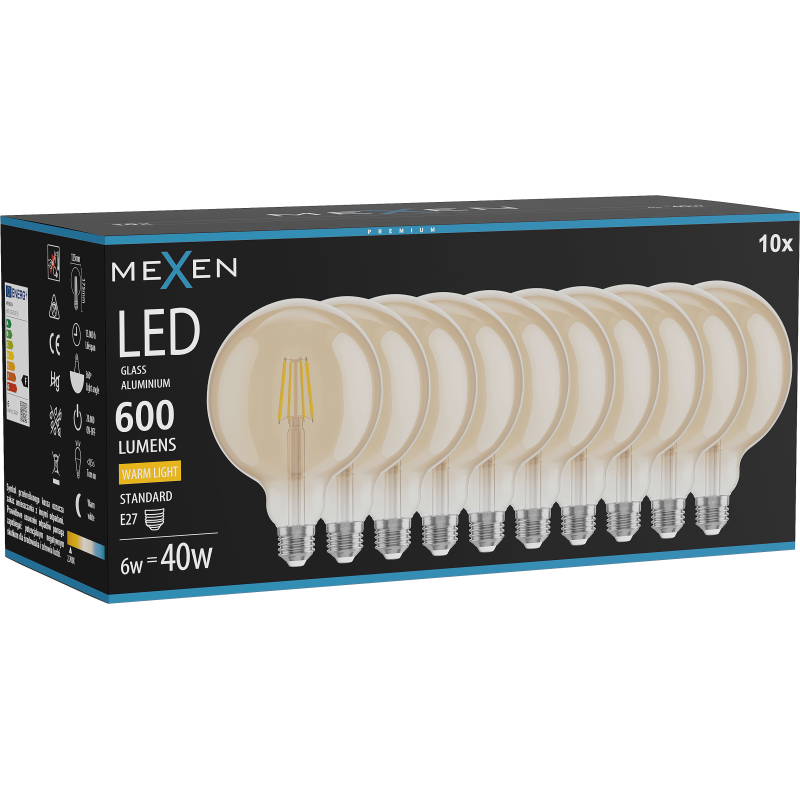 Mexen Vintis 10x LED filament izzó E27, G125, 6W, Meleg - 2700K, 600 lm, borostyán - L158-E27-0627-50x10