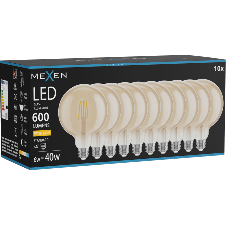 Mexen Vintis 10x LED filament izzó E27, G125, 6W, Meleg - 2700K, 600 lm, borostyán - L158-E27-0627-50x10