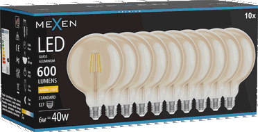 Mexen Vintis 10x Bec filament LED E27, G125, 6W, Caldă - 2700K, 600 lm, chihlimbar - L158-E27-0627-50x10