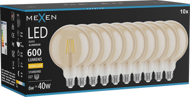 Mexen Vintis 10x LED filament izzó E27, G125, 6W, Meleg - 2700K, 600 lm, borostyán - L158-E27-0627-50x10