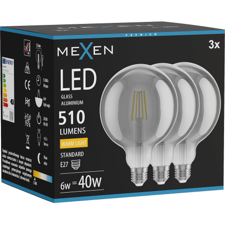 Mexen Vintis 3x Bec filament LED E27, G125, 6W, Cald - 2700K, 510 lm, fumuriu - L158-E27-0627-70x03