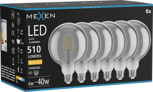 Mexen Vintis 6x Fénycső izzó LED E27, G125, 6W, Meleg - 2700K, 510 lm, füst - L158-E27-0627-70x06