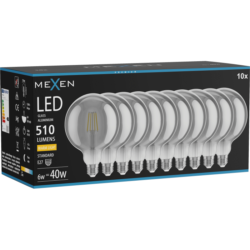 Mexen Vintis 10x LED filament izzó E27, G125, 6W, Meleg - 2700K, 510 lm, füstös - L158-E27-0627-70x10