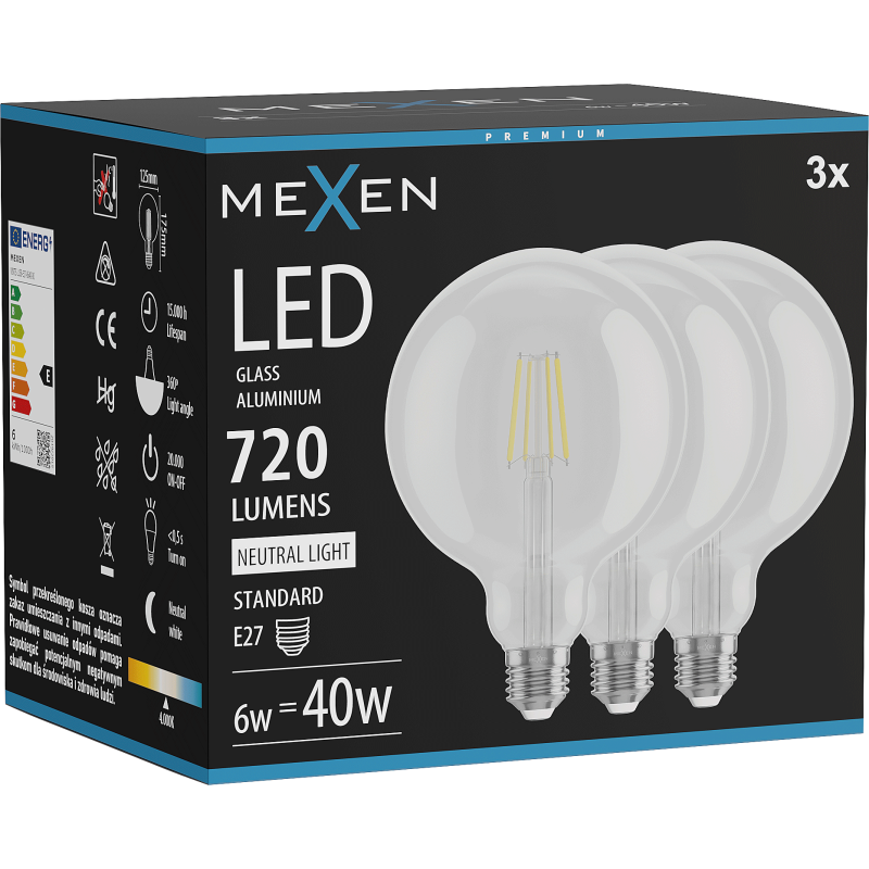 Mexen Vintis 3x Bec cu filament LED E27, G125, 6W, Neutru - 4000K, 720 lm, transparent - L158-E27-0640-00x03