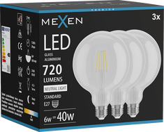 Mexen Vintis 3x LED filament izzó E27, G125, 6W, Semleges - 4000K, 720 lm, áttetsző - L158-E27-0640-00x03