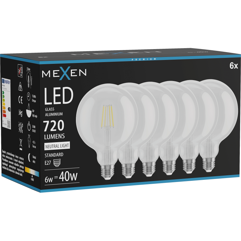 Mexen Vintis 6x Bec cu filament LED E27, G125, 6W, Neutru - 4000K, 720 lm, clar - L158-E27-0640-00x06