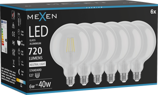 Mexen Vintis 6x LED filament izzó E27, G125, 6W, Semleges - 4000K, 720 lm, átlátszó - L158-E27-0640-00x06