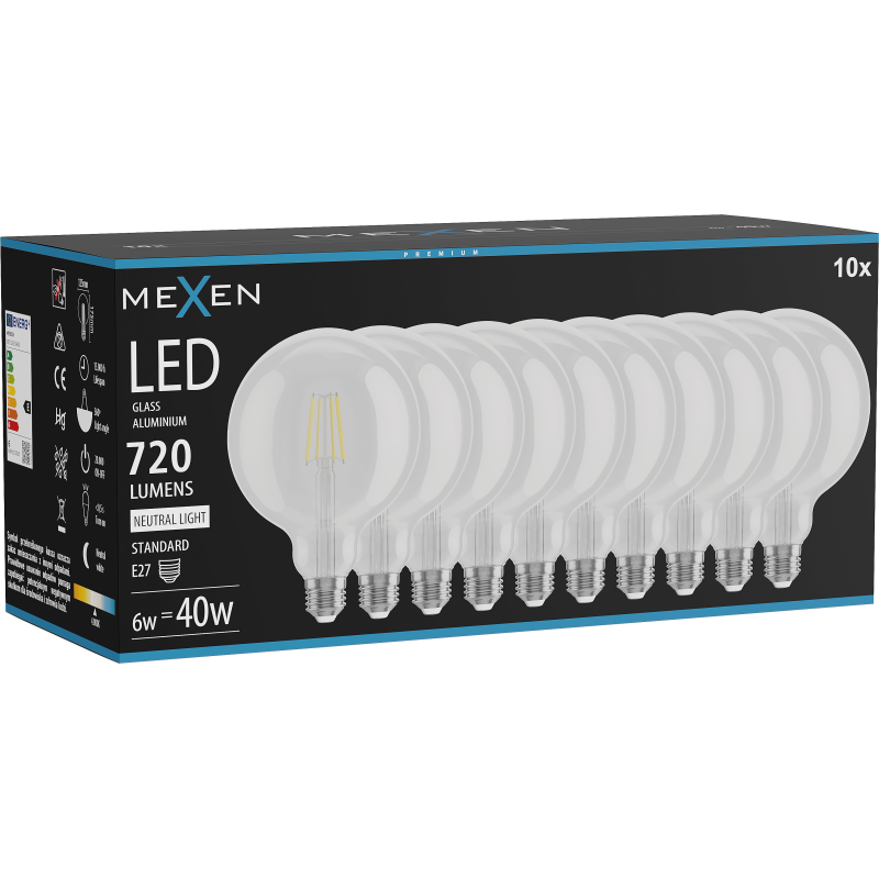 Mexen Vintis 10x Bec LED cu filament E27, G125, 6W, Neutru - 4000K, 720 lm, clar - L158-E27-0640-00x10