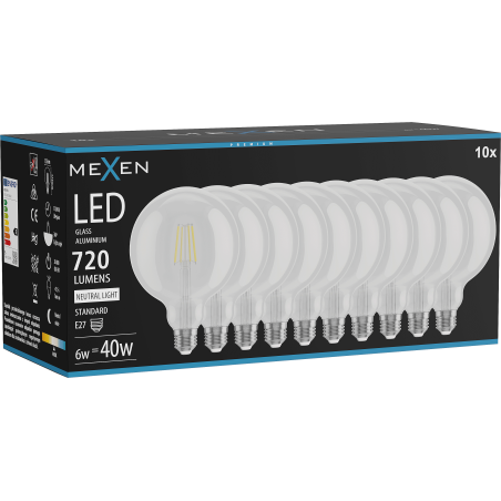 Mexen Vintis 10x Bec LED cu filament E27, G125, 6W, Neutru - 4000K, 720 lm, clar - L158-E27-0640-00x10