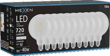 Mexen Vintis 10x Bec LED cu filament E27, G125, 6W, Neutru - 4000K, 720 lm, clar - L158-E27-0640-00x10