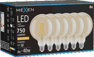 Mexen Vintis 6x Bec LED filament E27, G125, 8W, Caldă - 2200K, 750 lm, chihlimbar - L158-E27-0822-50x06