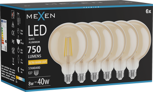 Mexen Vintis 6x LED filament izzó E27, G125, 8W, Meleg - 2200K, 750 lm, borostyán - L158-E27-0822-50x06
