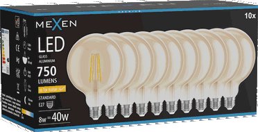 Mexen Vintis 10x Bec LED cu filament E27, G125, 8W, Călduță - 2200K, 750 lm, chihlimbar - L158-E27-0822-50x10