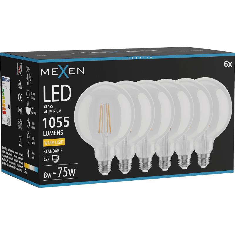 Mexen Vintis 6x Bec LED filament E27, G125, 8W, Cald - 2700K, 1055 lm, clar - L158-E27-0827-00x06