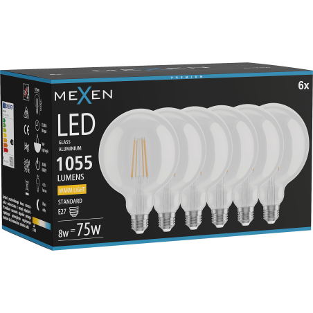 Mexen Vintis 6x Bec LED filament E27, G125, 8W, Cald - 2700K, 1055 lm, clar - L158-E27-0827-00x06