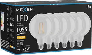 Mexen Vintis 6x Bec LED filament E27, G125, 8W, Cald - 2700K, 1055 lm, clar - L158-E27-0827-00x06