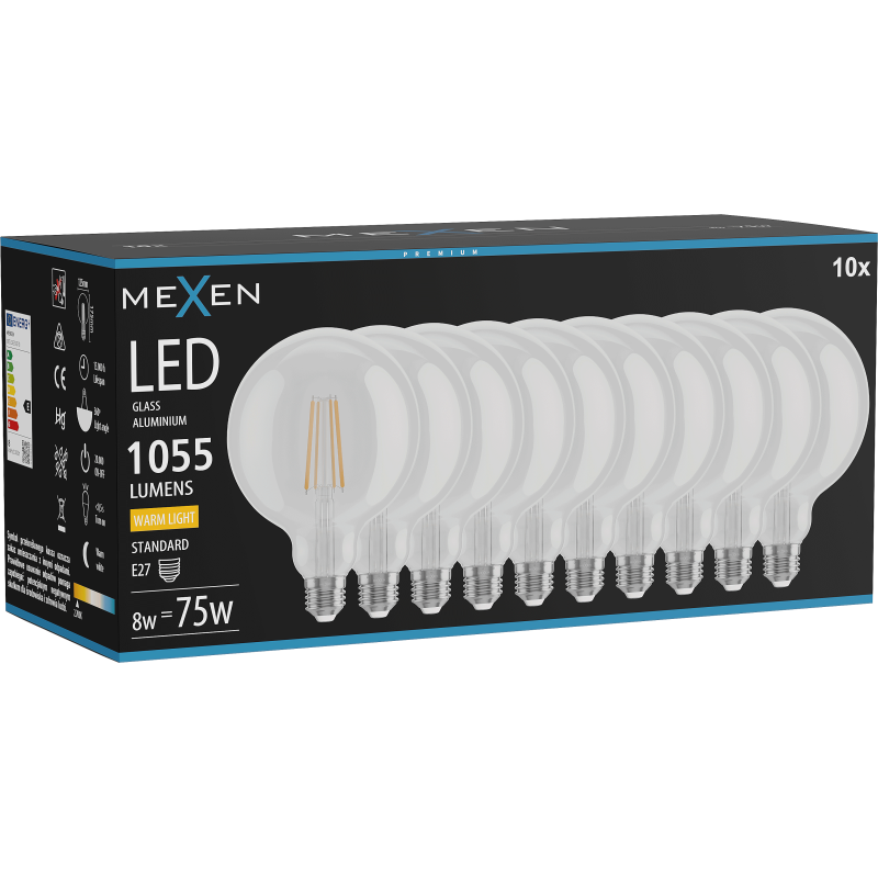 Mexen Vintis 10x Bec LED filament E27, G125, 8W, Cald - 2700K, 1055 lm, transparent - L158-E27-0827-00x10