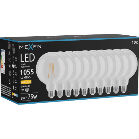 Mexen Vintis 10x LED szálizzó E27, G125, 8W, Meleg - 2700K, 1055 lm, átlátszó - L158-E27-0827-00x10
