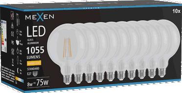 Mexen Vintis 10x Bec LED filament E27, G125, 8W, Cald - 2700K, 1055 lm, transparent - L158-E27-0827-00x10