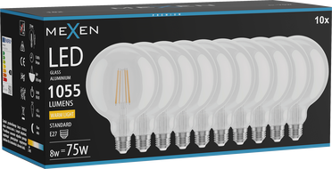 Mexen Vintis 10x LED szálizzó E27, G125, 8W, Meleg - 2700K, 1055 lm, átlátszó - L158-E27-0827-00x10