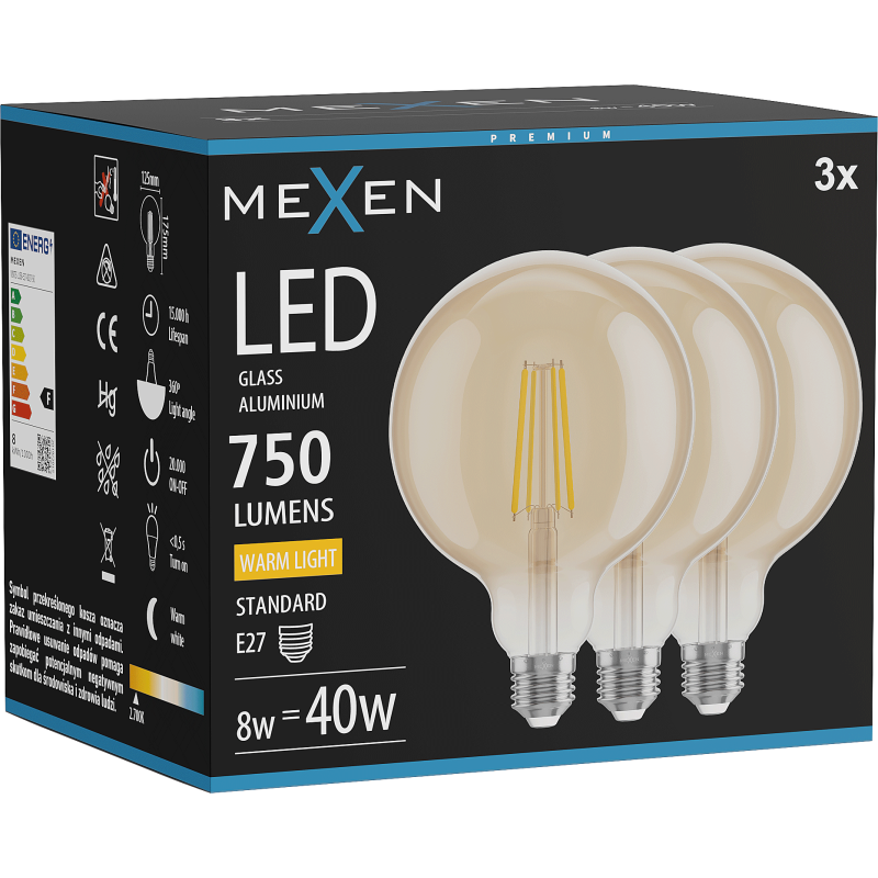 Mexen Vintis 3x Bec LED filament E27, G125, 8W, Cald - 2700K, 750 lm, chihlimbar - L158-E27-0827-50x03
