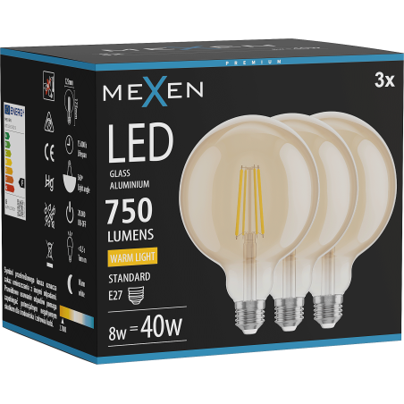 Mexen Vintis 3x LED filament izzó E27, G125, 8W, Meleg - 2700K, 750 lm, borostyán - L158-E27-0827-50x03