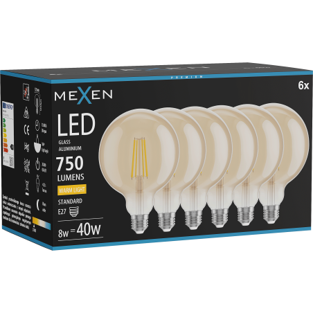 Mexen Vintis 6x Bec cu filament LED E27, G125, 8W, Cald - 2700K, 750 lm, chihlimbar - L158-E27-0827-50x06